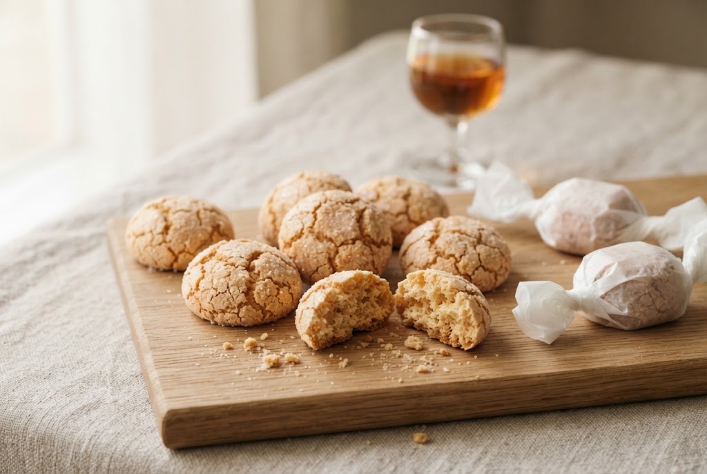 Amaretti: small crackled domed golden biscuits, some in plain twisted paper, on a light oak board
