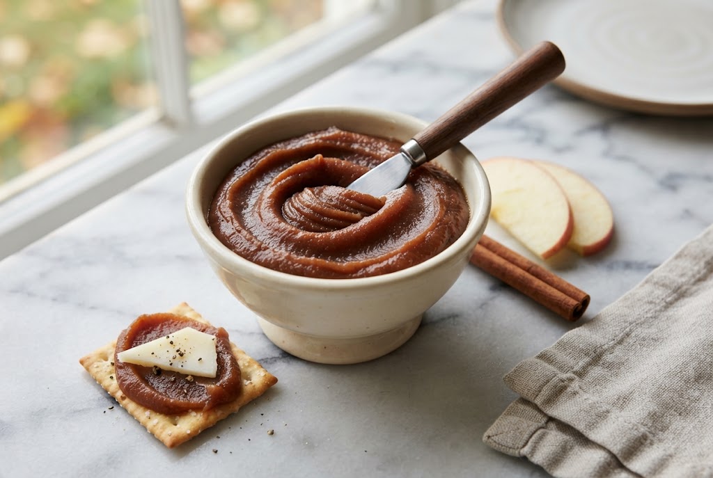Apple Butter: smooth thick deep russet-brown spread with swirl ridges, on pale marble