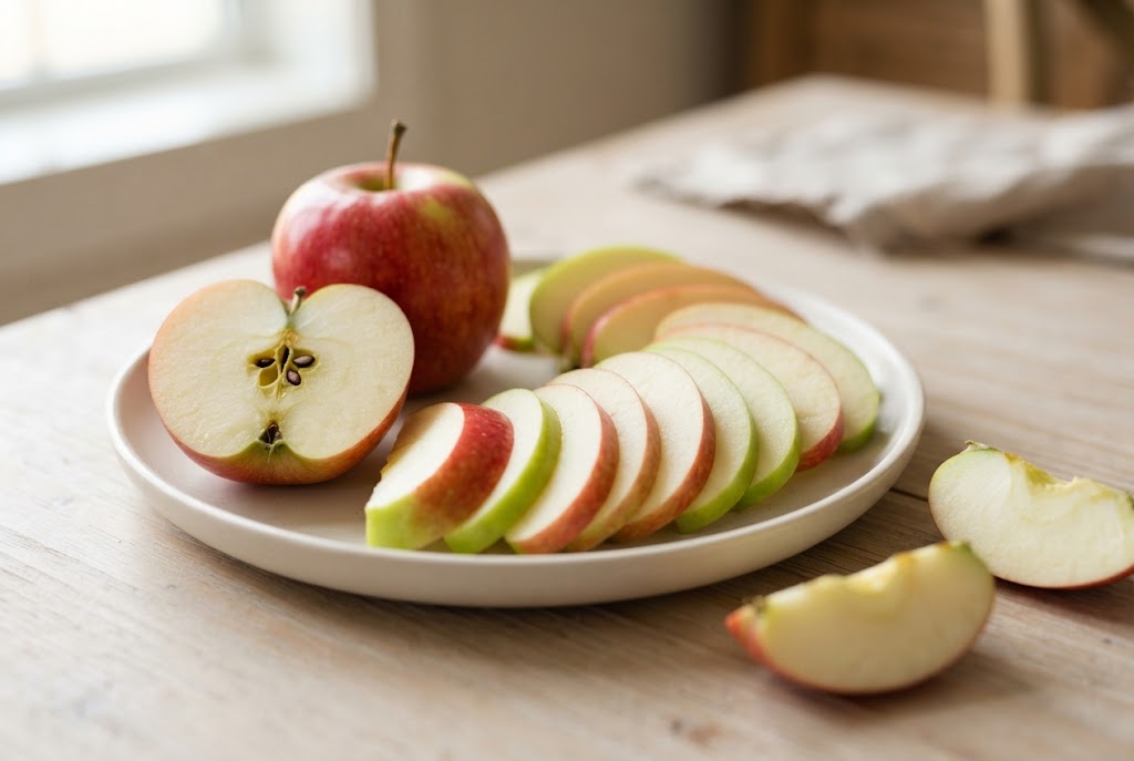Apples: thin white slices with red and green skin edges, on a cream ceramic plate