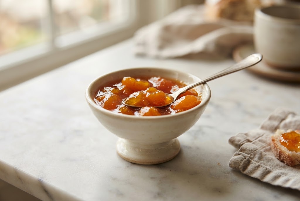 Apricot Jam: glowing translucent orange jam, on pale marble