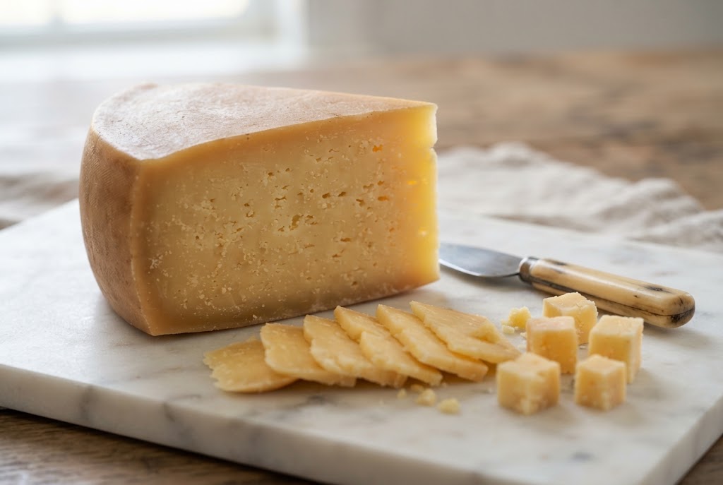Asiago: straw-yellow firm paste with tiny holes, thin tan rind, on a marble slab