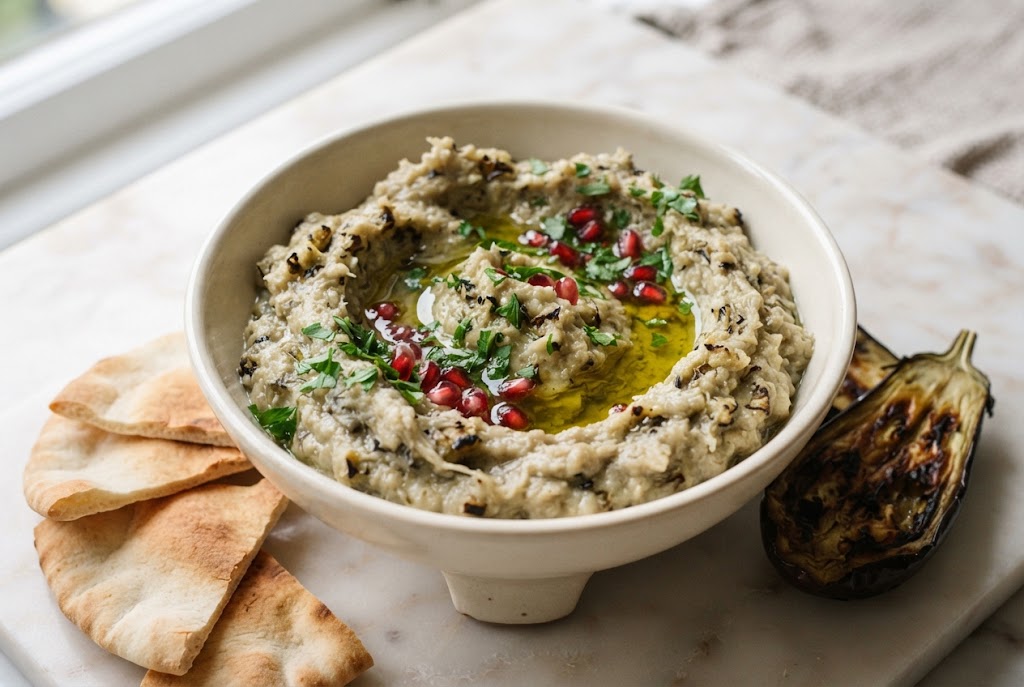 Baba Ganoush: coarse grey-beige smoky dip with charred flecks, pomegranate seeds, on pale marble