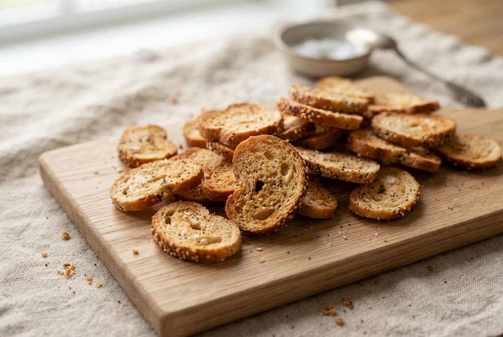 Bagel Chips: thin toasted bagel ovals with a crust edge, on a light oak board