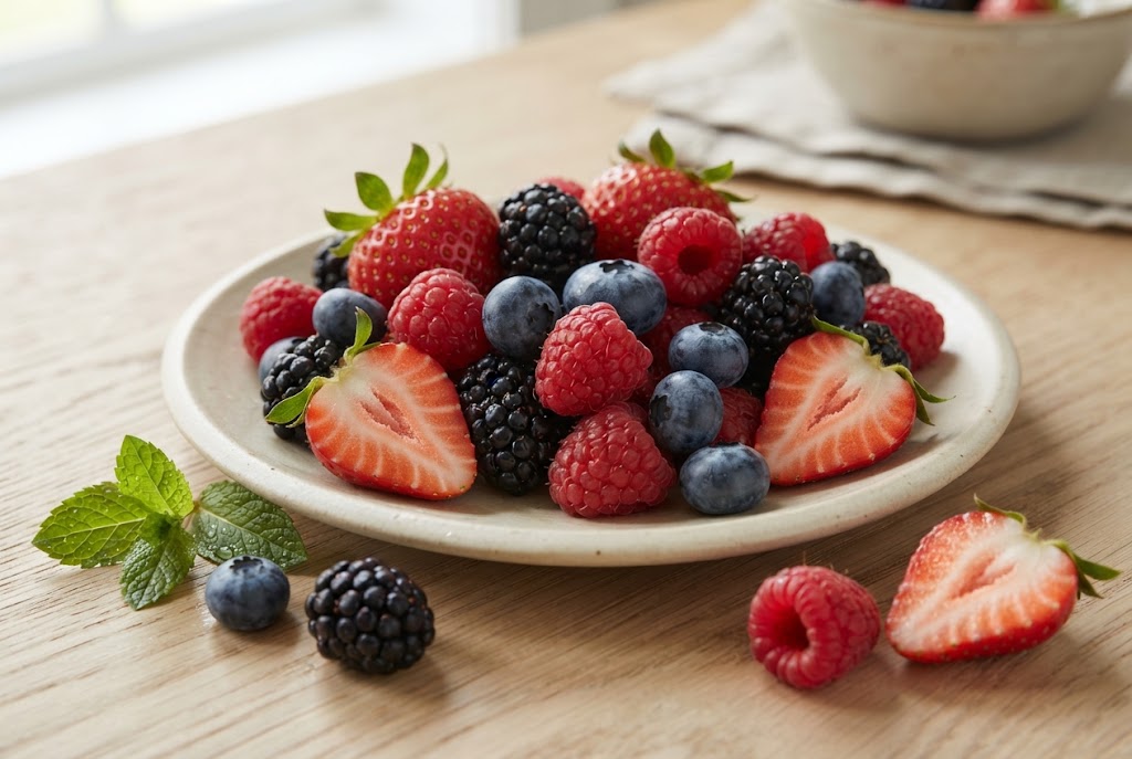 Berries: mixed strawberries, raspberries, blackberries and blueberries, glossy and ripe, on a cream ceramic plate
