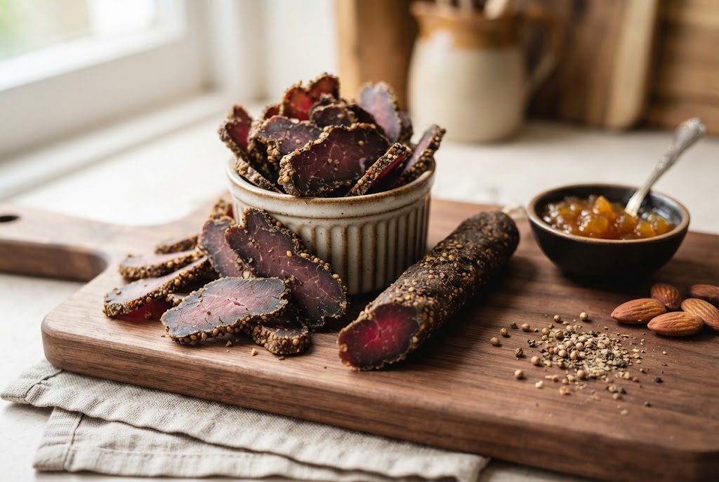 Biltong: spice-crusted dried beef slices in a ramekin and a whole stick cut to show the red center, mango chutney, on a walnut board