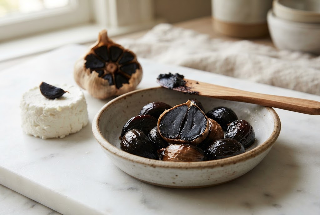 Black garlic: a head of black garlic split open, a bowl of glossy black cloves, a spreader of mashed garlic and fresh goat cheese, on marble