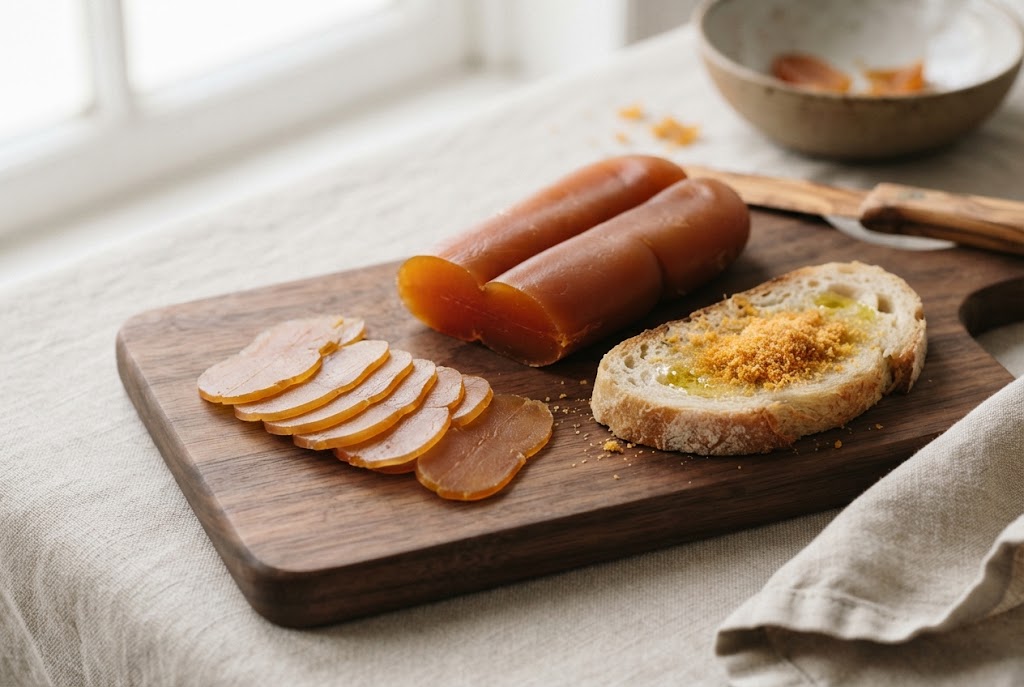 Bottarga: translucent amber lobed block, paper-thin slices, on a dark walnut board