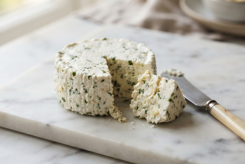 Boursin: small white herb-flecked puck, crumbly-creamy cut face, on a marble slab