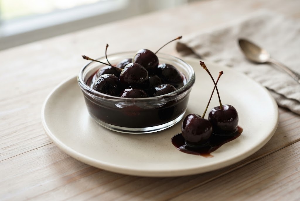Brandied Cherries: glossy near-black cherries on stems in syrup, on a cream ceramic plate