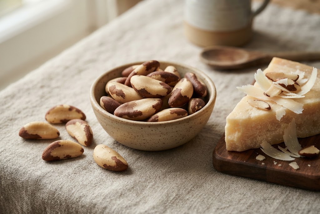 Brazil Nuts: large three-sided ivory kernels with brown skin patches, shaved curls, on natural linen