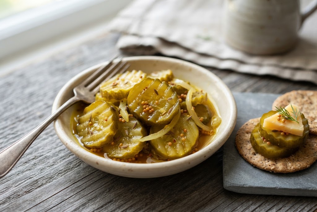 Bread and Butter Pickles: golden-green crinkle-cut discs with mustard seeds and onion, on weathered grey wood