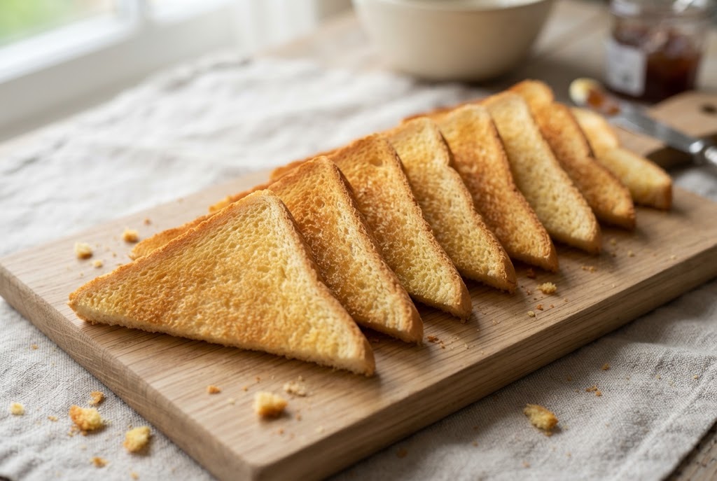 Brioche Toast Points: deep gold crustless brioche triangles, on a light oak board