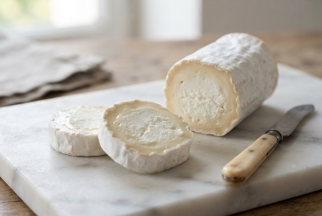 Bucheron: round slices with a creamy outer ring and chalky white centre, white bloomy rind, on a marble slab