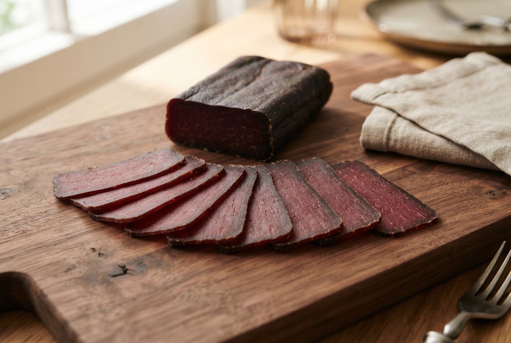 Bündnerfleisch: rectangular paper-thin deep red lean slices, dark pressed block, on a dark walnut board
