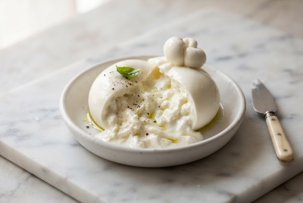 Burrata: white glossy ball with a top knot, creamy shreds spilling out, on a marble slab