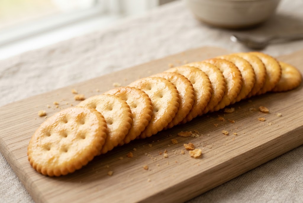 Butter Crackers: golden round crackers with scalloped edges, on a light oak board