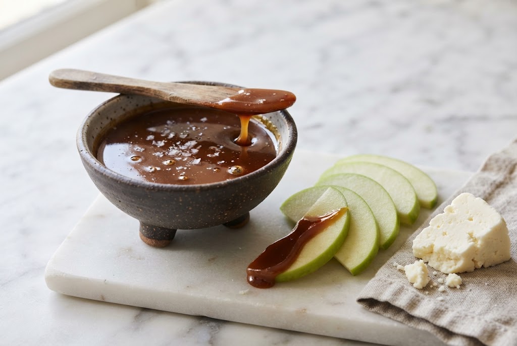 Cajeta: glossy dark amber goat's milk caramel dripping from a wooden spreader, green apple slices and Cotija, on marble