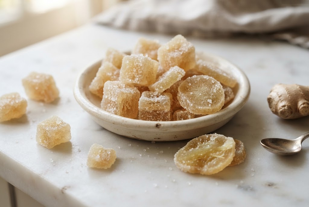 Candied Ginger: translucent gold sugar-crusted ginger cubes and slices, on pale marble
