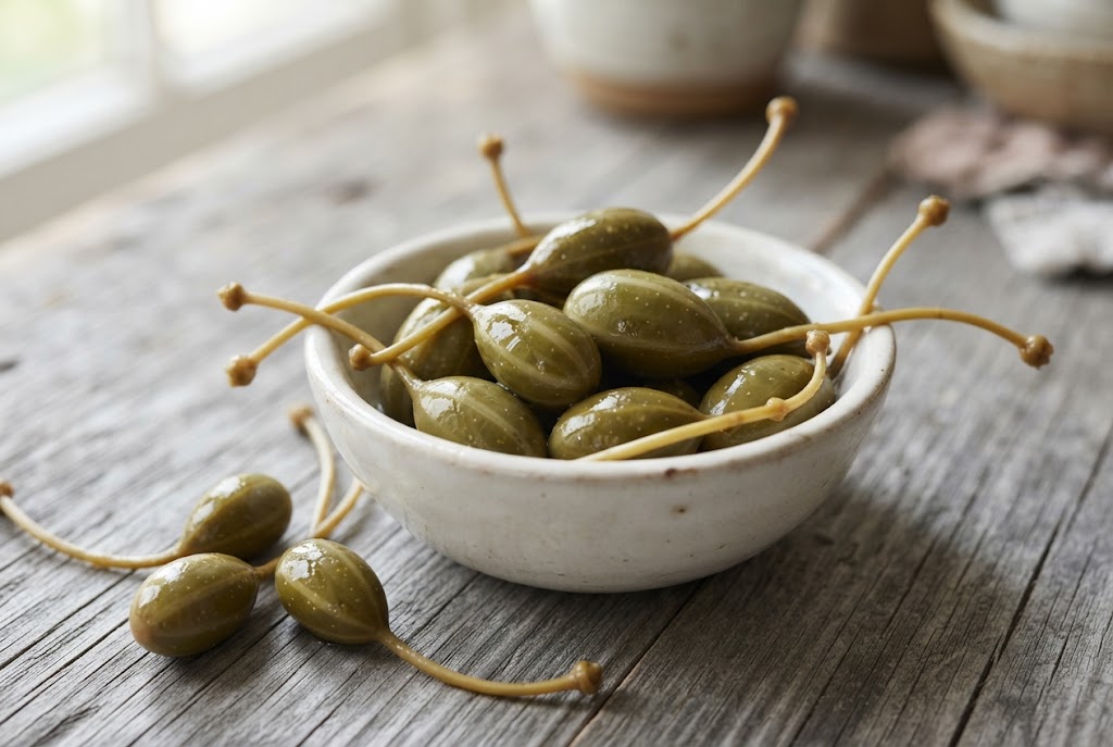 Caperberries: teardrop green berries with pale stripes, each with one thin soft stem that curves or droops, on weathered grey wood