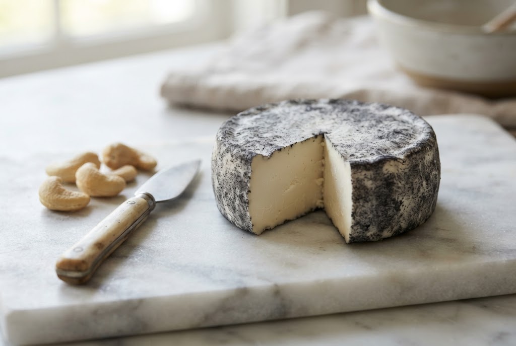 Cashew Cheese: small ash-dusted round, smooth ivory interior, cashews beside, on a marble slab