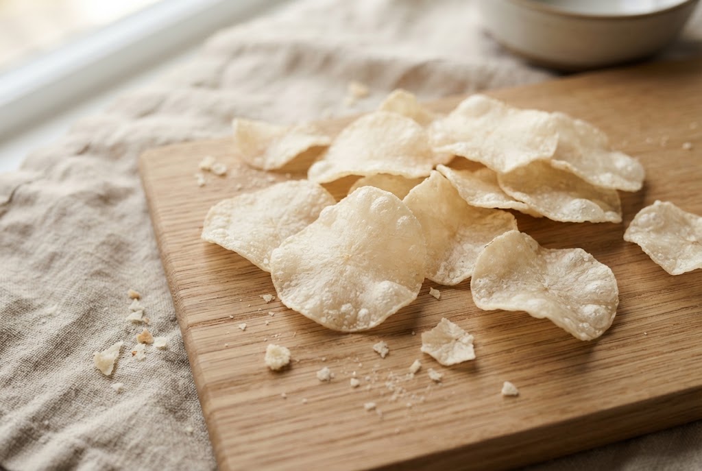 Cassava Crackers: thin pale cream crackers, translucent edges, on a light oak board