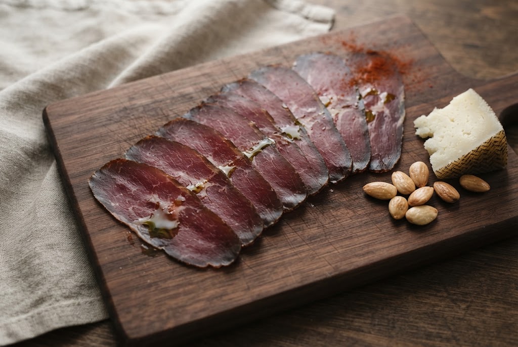 Cecina: thin, lean deep-red slices of cured beef fanned with olive oil and a dusting of paprika, Manchego and almonds, on a walnut board