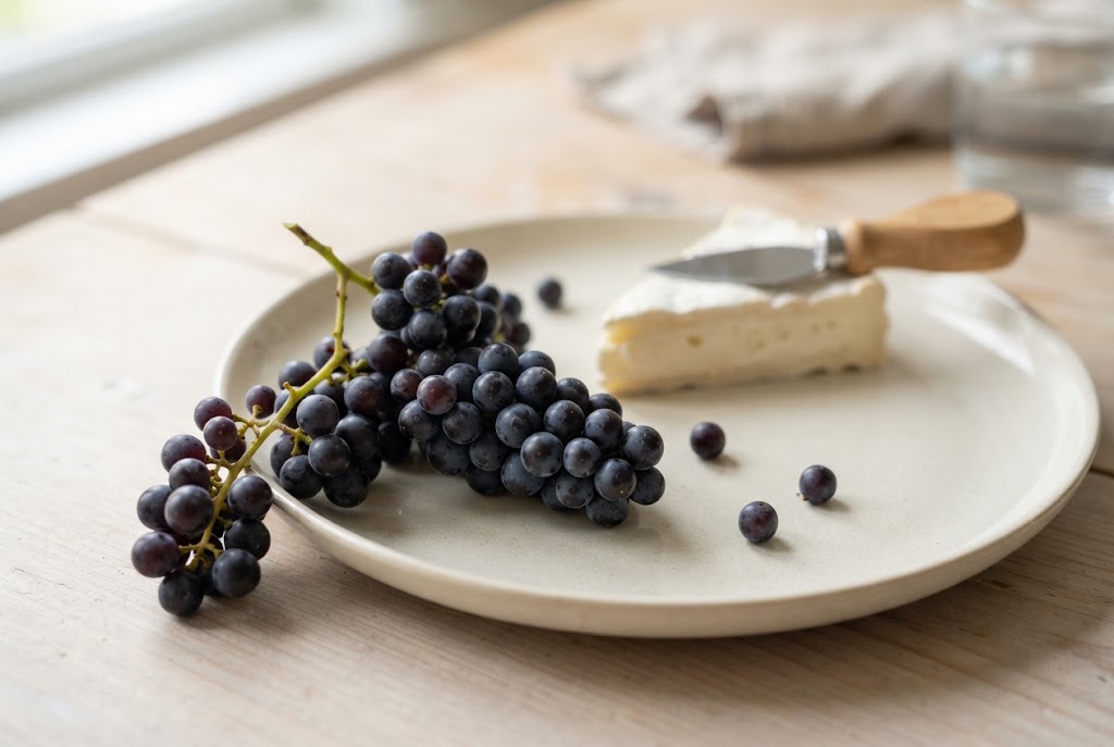 Champagne Grapes: tiny pea-sized purple-black grapes in dense clusters, on a cream ceramic plate