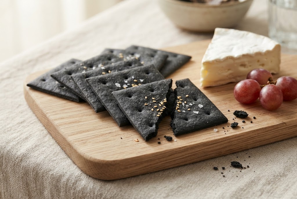 Charcoal Crackers: matte jet-black crackers, black all the way through, beside pale cheese, on a light oak board