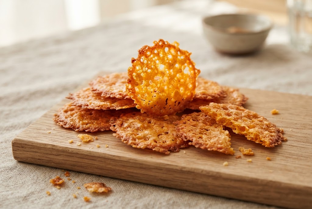 Cheddar Crisps: lacy bubbled orange-amber cheese rounds full of holes, on a light oak board