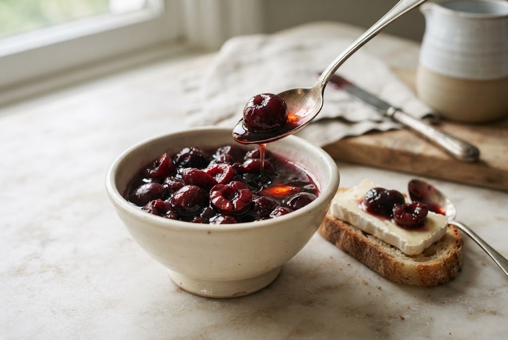 Cherry Preserves: glossy dark garnet preserve with whole soft cherries, on pale marble