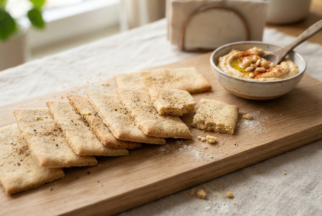 Chickpea Crackers: matte pale gold speckled chickpea crackers, on a light oak board
