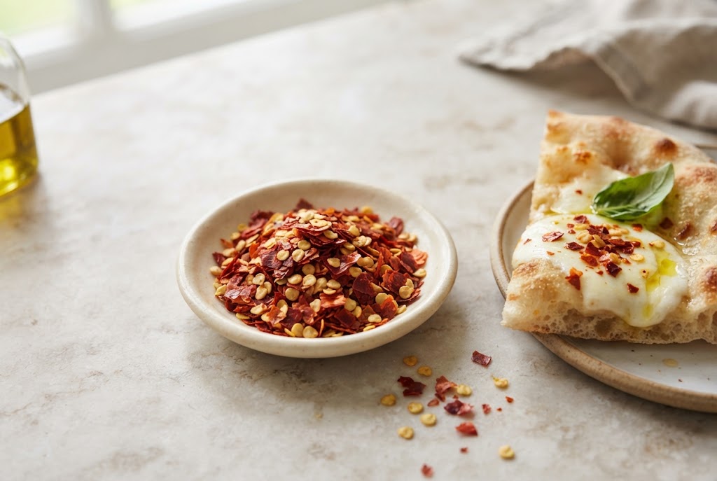 Chili Flakes: coarse bright red flakes mixed with pale yellow seeds, on pale marble
