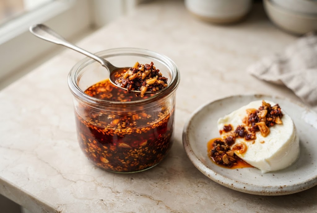 Chili Oil: red oil with thick crunchy chilli sediment, on pale marble