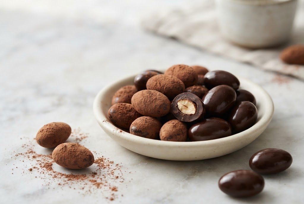 Chocolate Covered Almonds: dark oval chocolate pebbles, some cocoa-dusted, one showing the almond, on pale marble