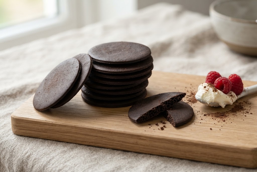 Chocolate Wafers: very thin matte near-black wafer rounds, snapped edge, on a light oak board