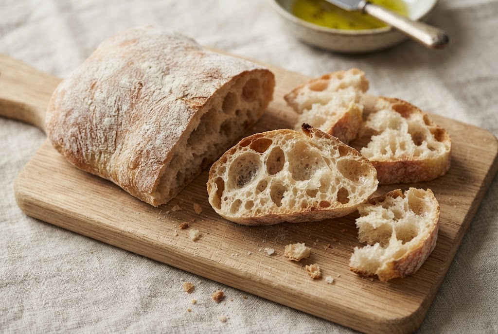 Ciabatta: flour-dusted flat loaf, very open holey crumb, on a light oak board