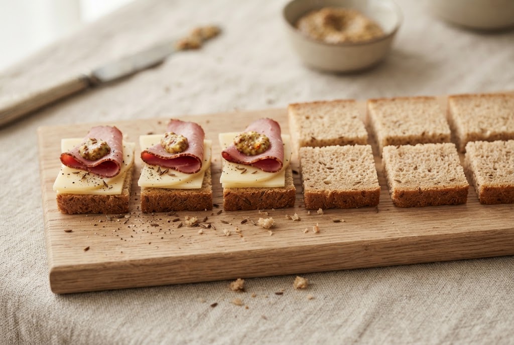 Cocktail Rye: light tan-brown crumb, caraway seeds, small squares, on a light oak board