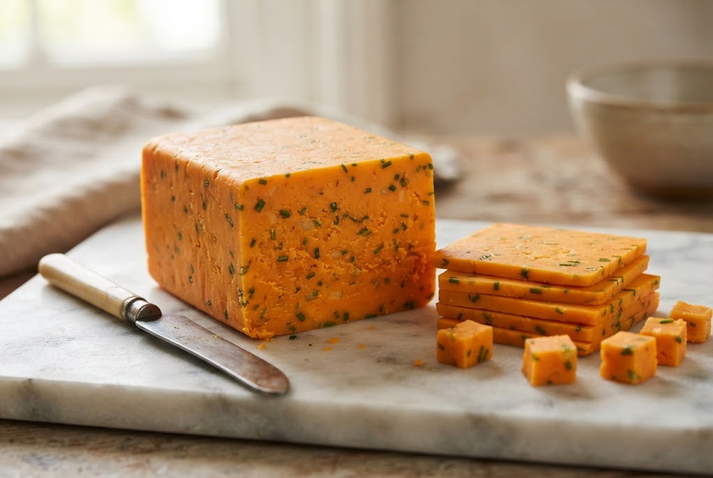 Cotswold: bright orange paste flecked with green chives, on a marble slab
