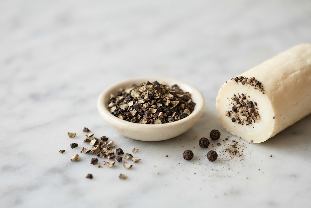 Cracked Black Pepper: coarse angular black-and-grey fragments, a few whole peppercorns, pepper pressed onto pale cheese, on pale marble