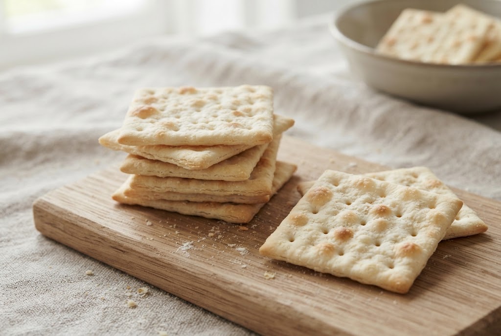 Cream Crackers: pale square docked flaky crackers, on a light oak board