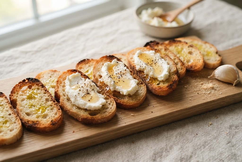 Crostini: thin golden toasted baguette ovals with crisp edges, on a light oak board
