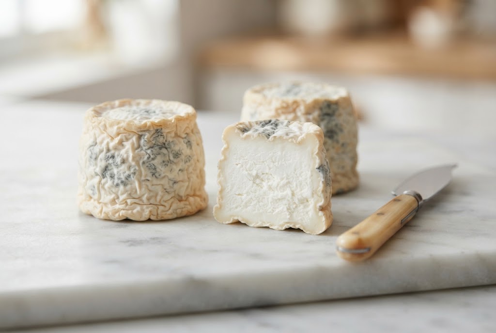 Crottin de Chavignol: tiny wrinkled cylinder, mottled grey-ivory rind, chalky white inside, on a marble slab