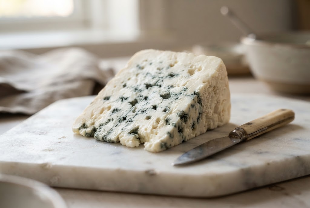 Danish Blue: very white moist paste, dense blue-green veining, no rind, on a marble slab