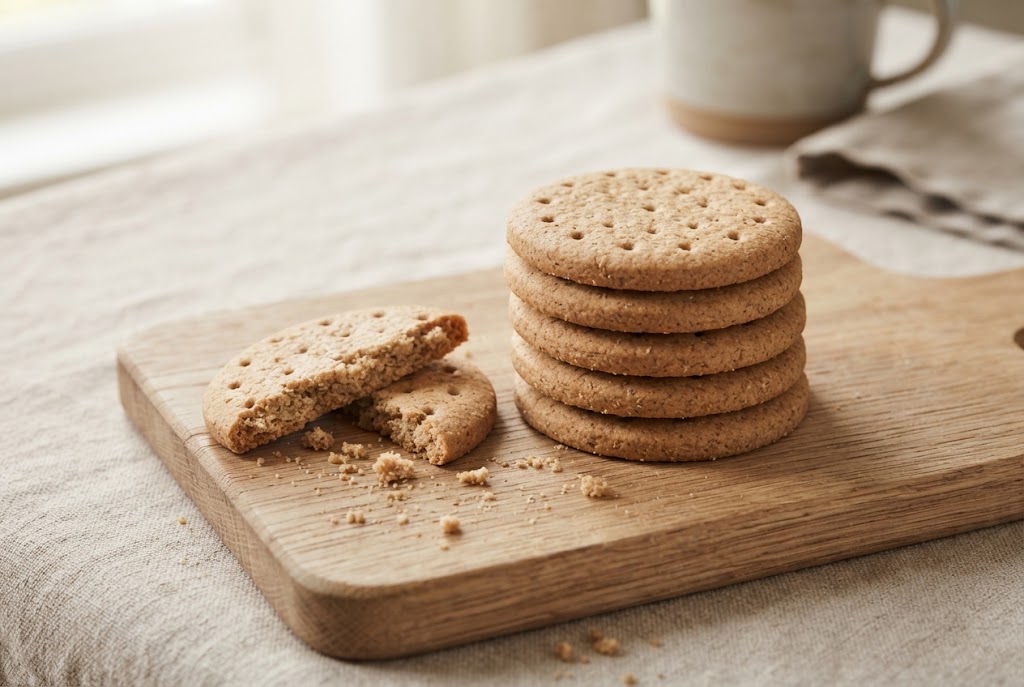 Digestive Biscuits: pale brown crumbly wholemeal rounds, on a light oak board