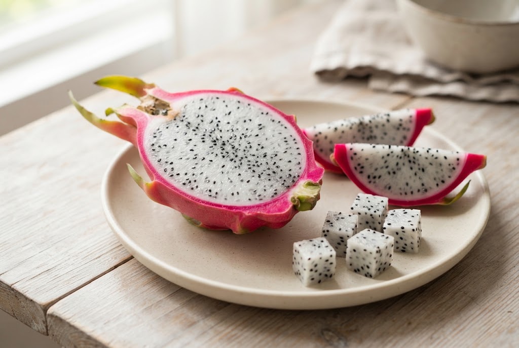Dragon Fruit: hot-pink scaled skin, white flesh with tiny black seeds, on a cream ceramic plate