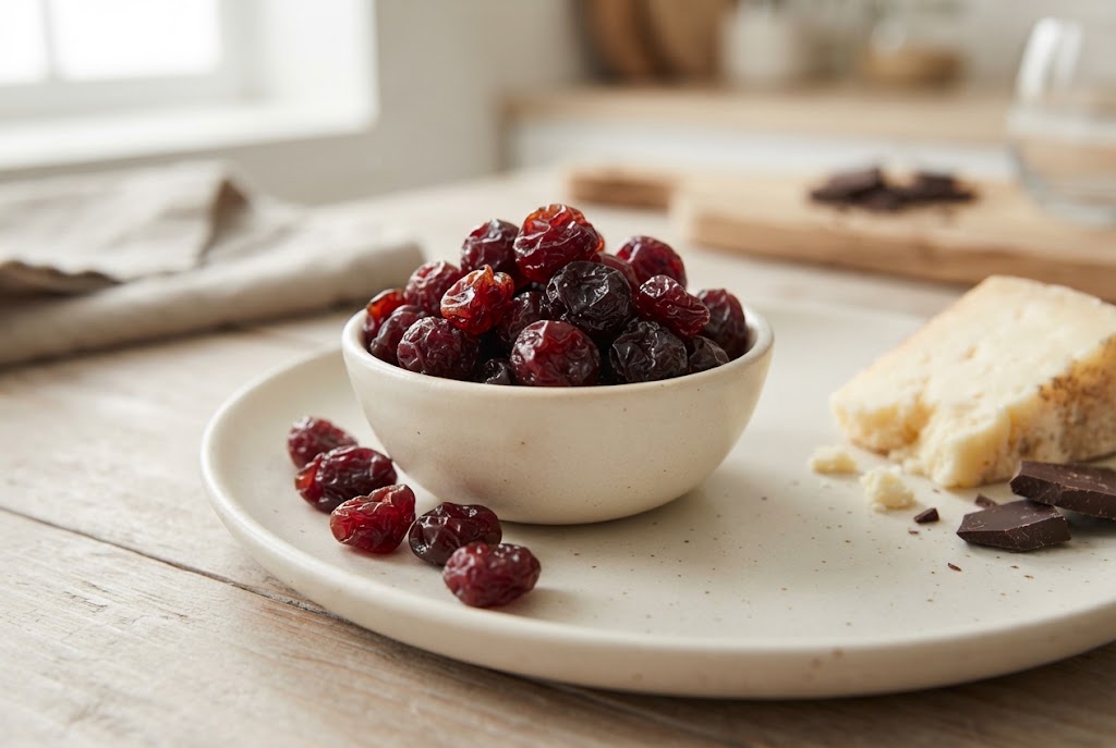 Dried Cherries: small wrinkled ruby-garnet pitted cherries with a soft sheen, on a cream ceramic plate