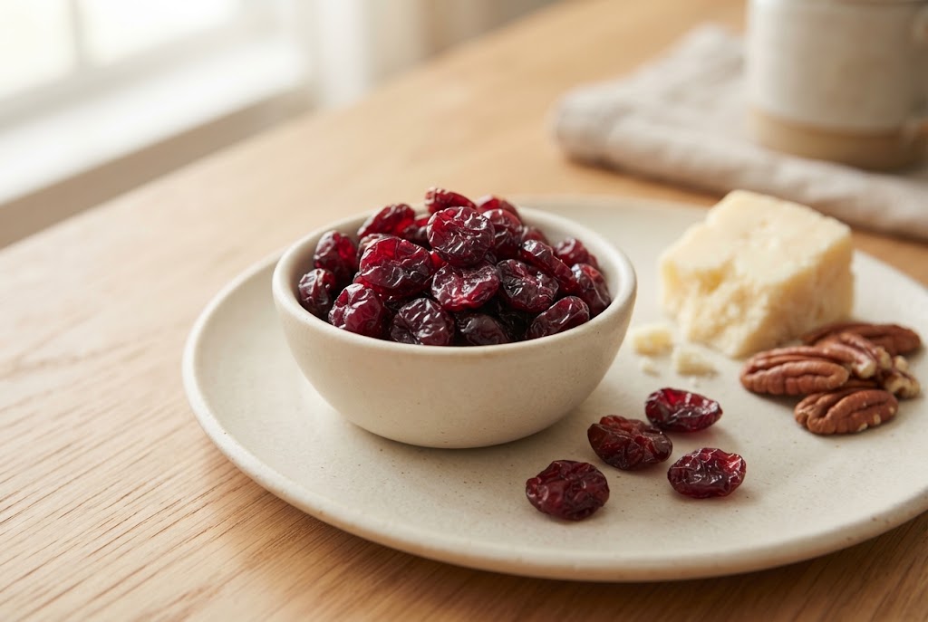 Dried Cranberries: small wrinkled ruby-red pieces with a soft sheen, on a cream ceramic plate