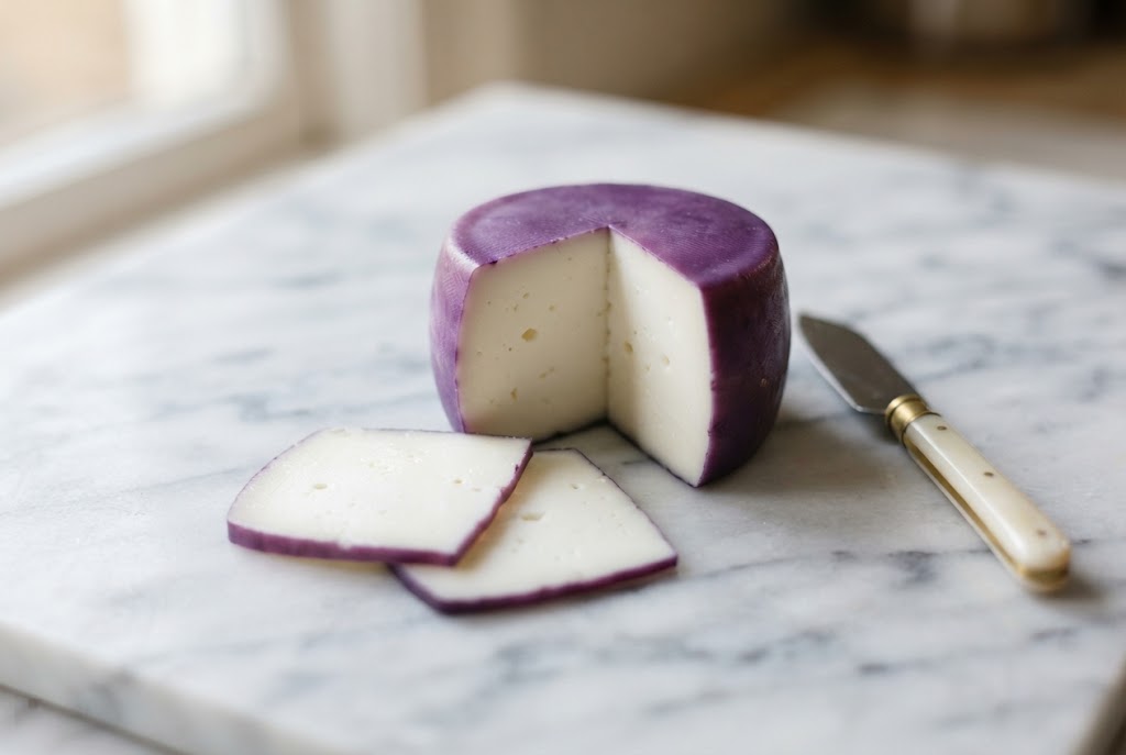 Drunken Goat: thin violet rind, bright white paste, on a marble slab