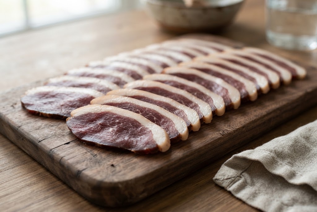 Duck Prosciutto: dark red slices with a thick white fat edge, on a dark walnut board