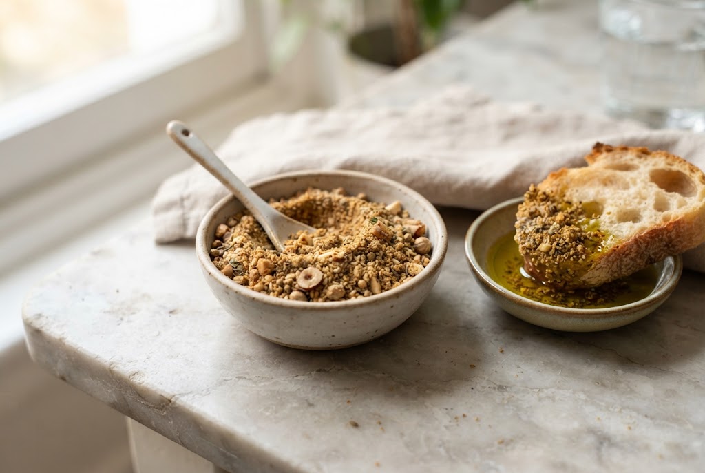 Dukkah: coarse sandy-brown nut and seed rubble, bread dipped in oil and dukkah, on pale marble